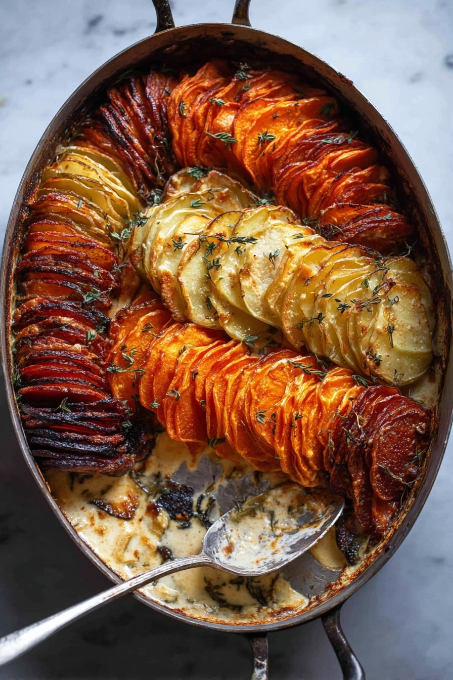 Cheesy Root Vegetable Gratin, root vegetable gratin, cheesy vegetable casserole, creamy root vegetable bake, winter vegetable side dish - A large metal pan holds a layered dish with five distinct rows of thinly sliced vegetables. Starting at the top left, there is a row of bright orange slices, then a row of pale yellow slices with a slight browning on the edges, followed by a dark reddish-brown row with a crispy texture, next a bright orange row with a grilled look, and finally another pale yellow row with some browning. Fresh thyme leaves are scattered lightly on top. A large metal spoon rests inside the pan with some of the creamy sauce visible underneath the slices. The background surface is a white marbled texture. Photo taken with an iphone --ar 2:3 --v 7