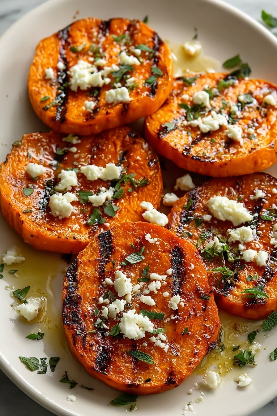 Roasted Sweet Potato Rounds with Honey & Feta, sweet potato appetizer, roasted sweet potato slices, honey feta snack, easy sweet potato side dish - The image shows five thick round slices of grilled orange sweet potato arranged on a white plate with a white marbled surface underneath. Each slice has visible grill marks and a slightly crispy texture on the outside. On top of the sweet potato slices, there are small white crumbles of cheese, scattered green herb leaves, and a light drizzle of olive oil that pools slightly on the plate, adding shine and moisture. The herbs are chopped finely and scattered both on the sweet potatoes and around them on the plate. Photo taken with an iphone --ar 2:3 --v 7