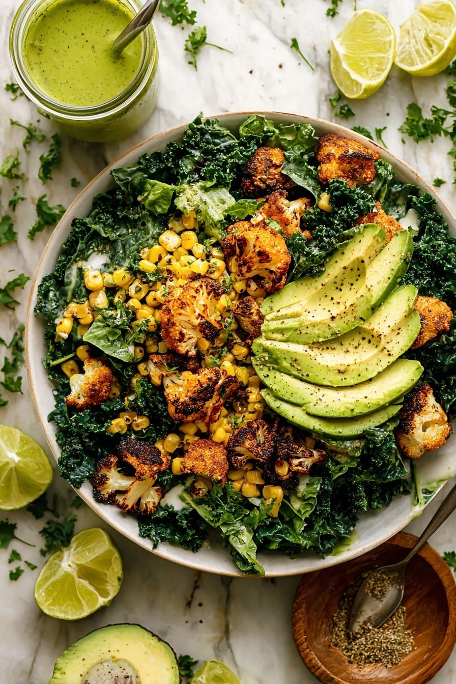 Roasted Cauliflower Green Goddess Salad, roasted cauliflower salad, green goddess dressing recipe, healthy savory salad, colorful roasted vegetable salad - The image shows a white bowl filled with a salad placed on a white marbled texture. The bottom layer consists of dark green kale leaves. Above that, there are golden-brown roasted cauliflower pieces with a crispy texture scattered around. Bright yellow grilled corn kernels are spread out across the salad. The top layer has slices of light green avocado with a soft texture, slightly sprinkled with black pepper. Surrounding the bowl on the white marbled surface, there are halved limes, some scattered green herbs, a glass jar with bright green dressing and a spoon, and a small wooden dish with seasoning. Photo taken with an iphone --ar 2:3 --v 7