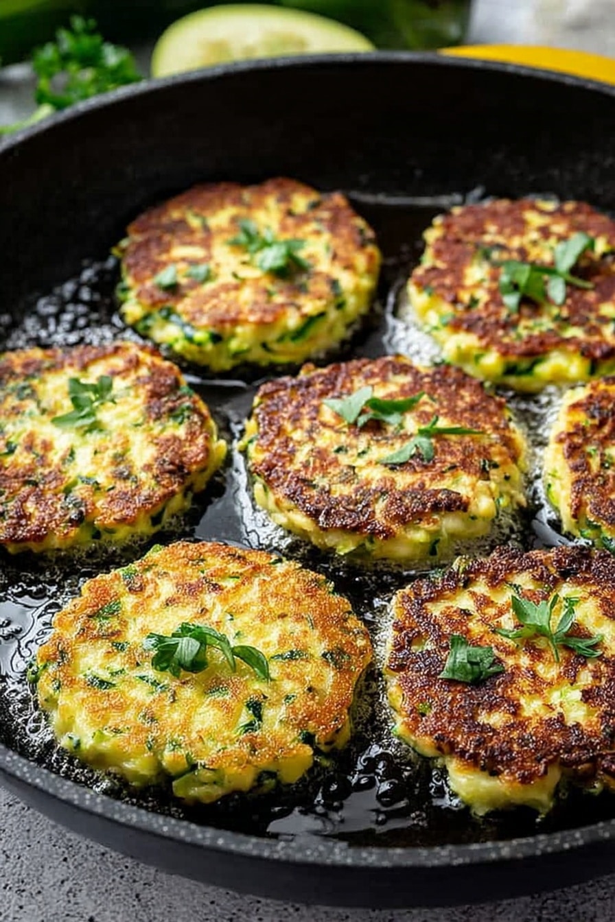 Crispy and Easy Zucchini Fritters, zucchini fritters recipe, how to make zucchini fritters, quick zucchini fritters, vegetable fritters recipe - Seven golden-brown zucchini patties are cooking in a black frying pan. Each patty has a crispy texture with bits of green zucchini visible, and some have small fresh green herb leaves on top. The patties are evenly spaced in the pan, with the light reflecting off the oil around them. The background shows a white marbled texture and some green herbs and vegetables out of focus. Photo taken with an iphone --ar 2:3 --v 7