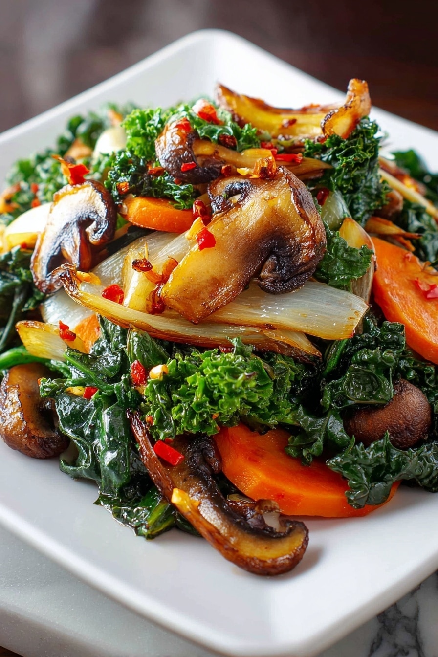 Healthy Sautéed Vegetables, quick veggie side, nutritious vegetable stir-fry, flavorful vegetable side dish, easy healthy vegetable recipe - A white square plate holds a colorful stir-fry of vegetables, layered with dark green leafy kale and bright orange carrot slices as the base. Scattered on top are golden-brown sautéed onion wedges and caramelized mushroom pieces with a slightly crispy texture. The dish is garnished with small red chili flakes, giving spots of vibrant red color throughout. Steam rises from the hot food, adding a fresh and warm feel. The plate is set on a white marbled surface, creating a clean and bright background. Photo taken with an iphone --ar 2:3 --v 7