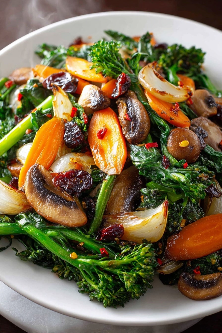 Healthy Sautéed Vegetables, quick vegetable side dish, nutritious vegetable recipes, easy sautéed veggie recipes, colorful vegetable sides - A white plate filled with a colorful stir-fry of sautéed vegetables. The bottom layer has bright green leafy vegetables and tender stalks of green broccolini. On top of the greens are warm orange carrot slices adding contrast. Scattered throughout are golden-brown cooked onion wedges with slight char marks. Mixed in are juicy sautéed mushroom slices with a rich brown color. Tiny red chili flakes sprinkle the dish, adding small spots of red. A few glossy pieces of dried dark fruit add texture contrast. Steam gently rises from the hot vegetables, showing freshness. The plate sits on a white marbled surface photo taken with an iphone --ar 2:3 --v 7