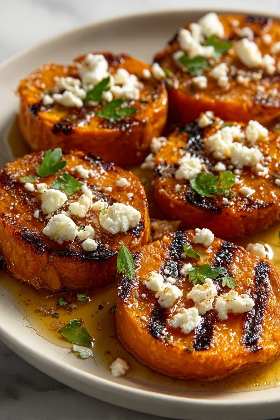 Roasted Sweet Potato Rounds with Honey & Feta, sweet potato appetizer, roasted sweet potato slices, honey feta snack, easy sweet potato side dish - The image shows five thick, round slices of grilled orange sweet potatoes arranged on a white plate over a white marbled surface. Each slice has grill marks, a slightly charred texture, and a glossy coating from a drizzle of oil or sauce pooling around the base. Crumbled white cheese is sprinkled generously on top of the sweet potato slices, adding a soft texture contrast. Small green parsley leaves are scattered across the dish for a fresh pop of color. The lighting highlights the vibrant orange and white colors, making the dish look warm and appetizing. Photo taken with an iphone --ar 2:3 --v 7