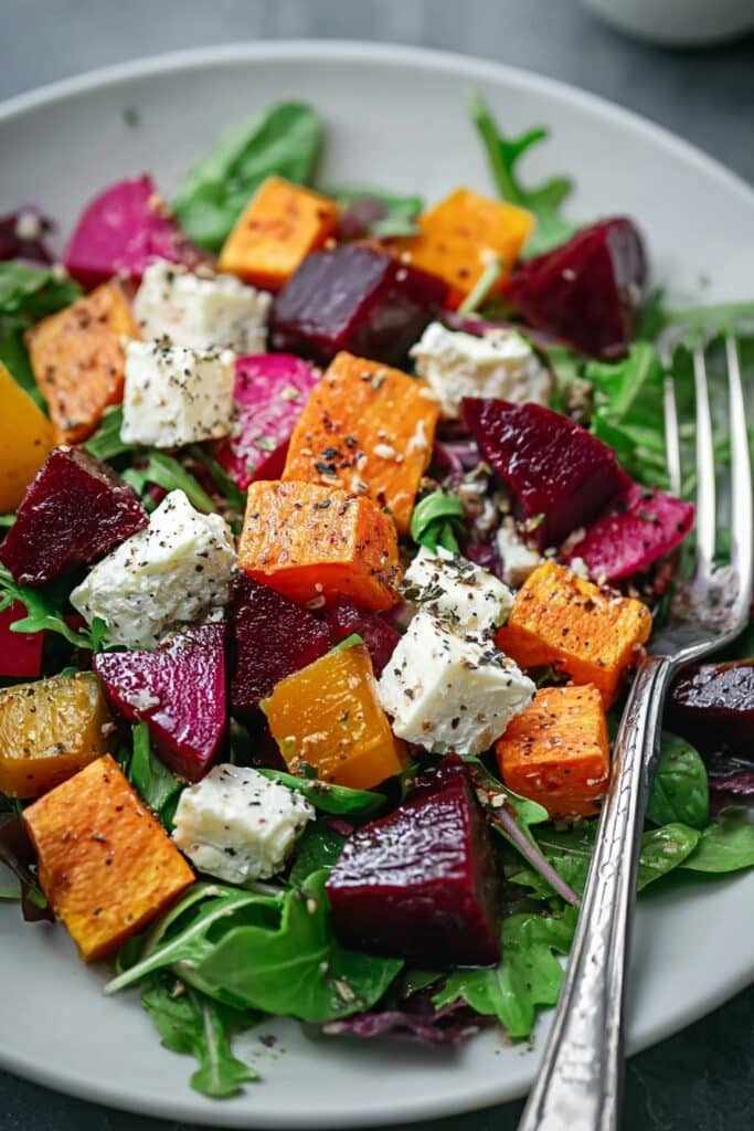 Creamy Roasted Beet Salad with Sweet Potato & Feta Recipe