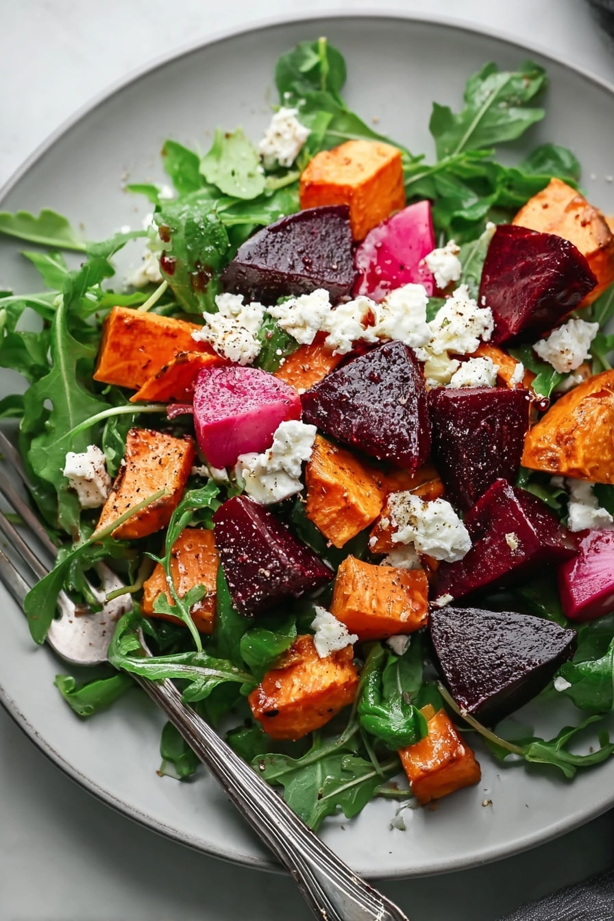 Creamy Roasted Beet Salad with Sweet Potato & Feta, roasted beet salad, healthy beet salad, vegetarian beet salad, easy roasted veggie salad - A white plate holds a fresh salad with three main layers. The bottom layer is a bed of dark green leafy arugula with smooth textures. On top of this are chunks of roasted orange sweet potatoes with a slightly rough surface, bright red-purple beet cubes with a glossy texture, and some lighter pink slices of roasted beet. Scattered over the vegetables are small white crumbles of soft cheese, adding a creamy look. The salad is lightly sprinkled with black pepper and a glossy drizzle of dressing. A silver fork rests on the edge of the plate, all set on a white marbled surface. Photo taken with an iphone --ar 2:3 --v 7