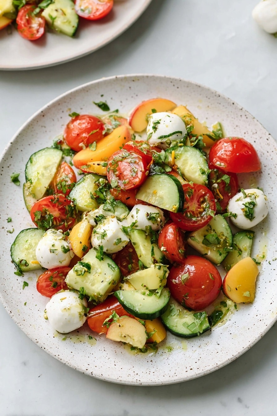 Cherry Tomato Salad with Nectarines, Cherry Tomato Salad, Fresh Fruit Salad, Summer Fruit Salad, Easy Vegetable and Fruit Salad - A white plate with a fresh salad made of four main layers: the base is light green cucumber slices with a wet, smooth texture, arranged in scattered round shapes; on top are bright red cherry tomato halves, juicy and shiny; mixed with the tomatoes are small, white mozzarella balls with a soft, smooth surface; the last layer includes small yellow peach pieces with a slightly fuzzy texture, all mixed together and sprinkled with finely chopped green herbs, resting on a white marbled surface photo taken with an iphone --ar 2:3 --v 7