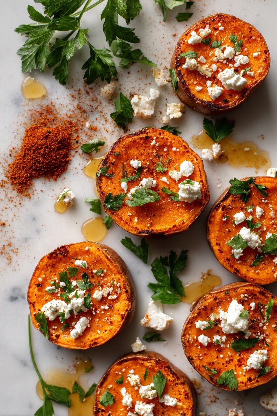 Roasted Sweet Potato Rounds with Honey & Feta, sweet potato appetizer, roasted sweet potato slices, honey feta snack, easy sweet potato side dish - Flat lay of thick sweet potato rounds with bright orange flesh, crumbled white feta cheese, golden honey drizzles, fresh green parsley leaves scattered around, and a small pile of smoky paprika powder, placed on a white marble surface, photo taken with an iphone --ar 2:3 --v 7