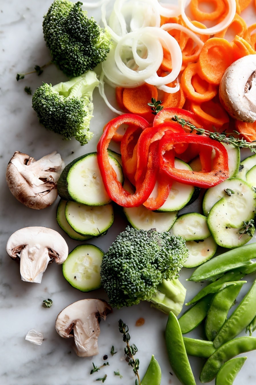 Healthy Sautéed Vegetables, quick veggie side, nutritious vegetable stir-fry, flavorful vegetable side dish, easy healthy vegetable recipe - Flat lay of vibrant broccoli florets, thinly sliced red bell pepper, glossy snap peas, bright orange julienned carrot, fresh zucchini half-moons, sliced white mushrooms, thin rings of pale onion, and minced garlic cloves beautifully arranged in a balanced composition, fresh herbs scattered delicately among the vegetables, placed on a white marble surface, photo taken with an iphone --ar 2:3 --v 7