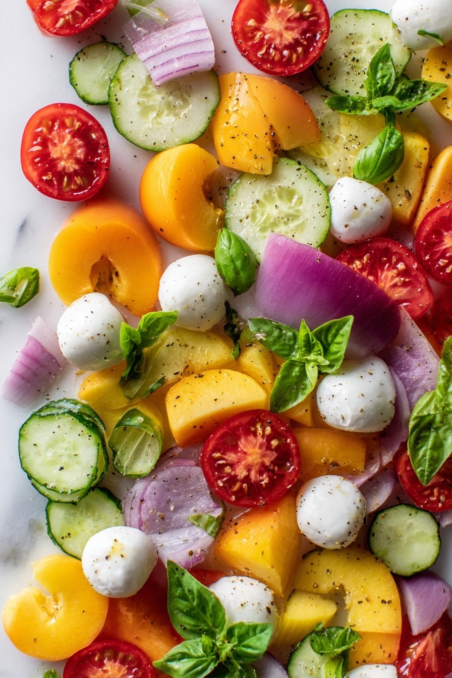 Cherry Tomato Salad with Nectarines, Cherry Tomato Salad, Fresh Fruit Salad, Summer Fruit Salad, Easy Vegetable and Fruit Salad - Flat lay of halved bright red cherry tomatoes, chopped golden nectarines with their soft orange flesh, very thinly sliced pale green cucumber, finely diced light purple shallot, small white ciliegine mozzarella balls halved to show their creamy interior, fresh chopped vibrant green parsley and basil leaves scattered elegantly, placed on a white marble surface, photo taken with an iphone --ar 2:3 --v 7