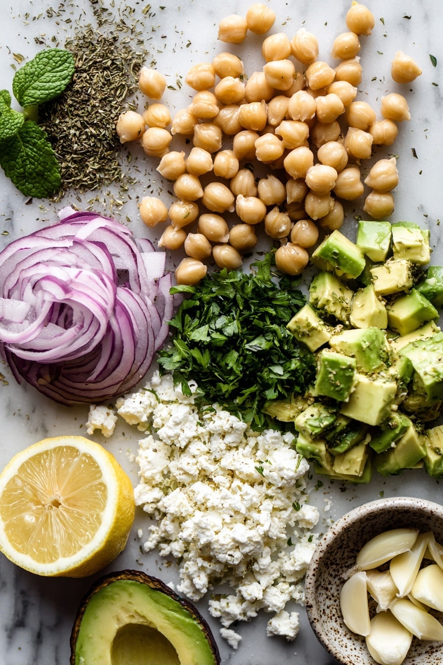 Chickpea Feta Avocado Salad, healthy chickpea salad, quick avocado salad, feta cheese salad, nutritious vegetarian salad - Flat lay of plump chickpeas, creamy diced avocado, crumbly white feta cheese, thinly sliced vibrant red onion rings, fresh bright green chopped parsley, fragrant chopped mint leaves, a halved lemon showing juicy pulp, and a small pile of minced garlic cloves, all beautifully arranged with a touch of dried oregano sprinkled around, placed on a white marble surface, photo taken with an iphone --ar 2:3 --v 7