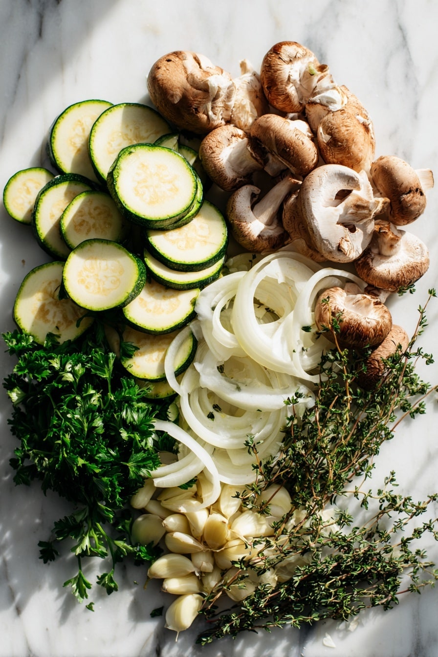 Sauteed Zucchini, Mushrooms, and Onions, sautéed vegetable side dish, quick veggie side recipe, healthy vegetable side, easy sautéed vegetables - Flat lay of fresh green zucchini sliced into half-moons, plump cremini mushrooms sliced thinly, thinly sliced white onion rings, peeled garlic cloves whole and minced, sprigs of bright green fresh parsley scattered lightly, and a small heap of dried thyme leaves, all beautifully arranged with natural light highlighting their colors and textures, placed on a white marble surface, photo taken with an iphone --ar 2:3 --v 7