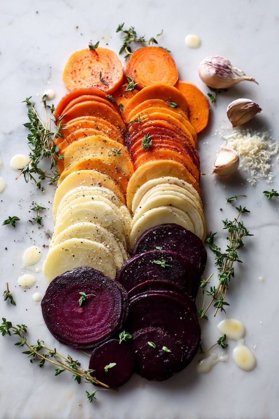 Cheesy Root Vegetable Gratin, root vegetable gratin, cheesy vegetable casserole, creamy root vegetable bake, winter vegetable side dish - Flat lay of thinly sliced sweet potatoes, parsnips, and small peeled beets arranged in neat overlapping rows, scattered fresh thyme sprigs, a small mound of grated Parmesan cheese, a few cloves of garlic, and a gentle drizzle of heavy cream drops around the vegetables, placed on a white marble surface, photo taken with an iphone --ar 2:3 --v 7