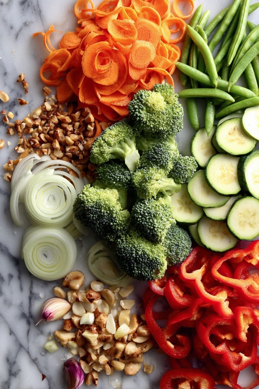 Healthy Sautéed Vegetables, quick vegetable side dish, nutritious vegetable recipes, easy sautéed veggie recipes, colorful vegetable sides - Flat lay of vibrant broccoli florets, bright orange julienned carrots, glossy green snap peas, deep red bell pepper slices, tender zucchini half-moons, thinly sliced white onion rings, fresh garlic cloves, and scattered toasted nuts and seeds arranged beautifully on a white marble surface, photo taken with an iphone --ar 2:3 --v 7