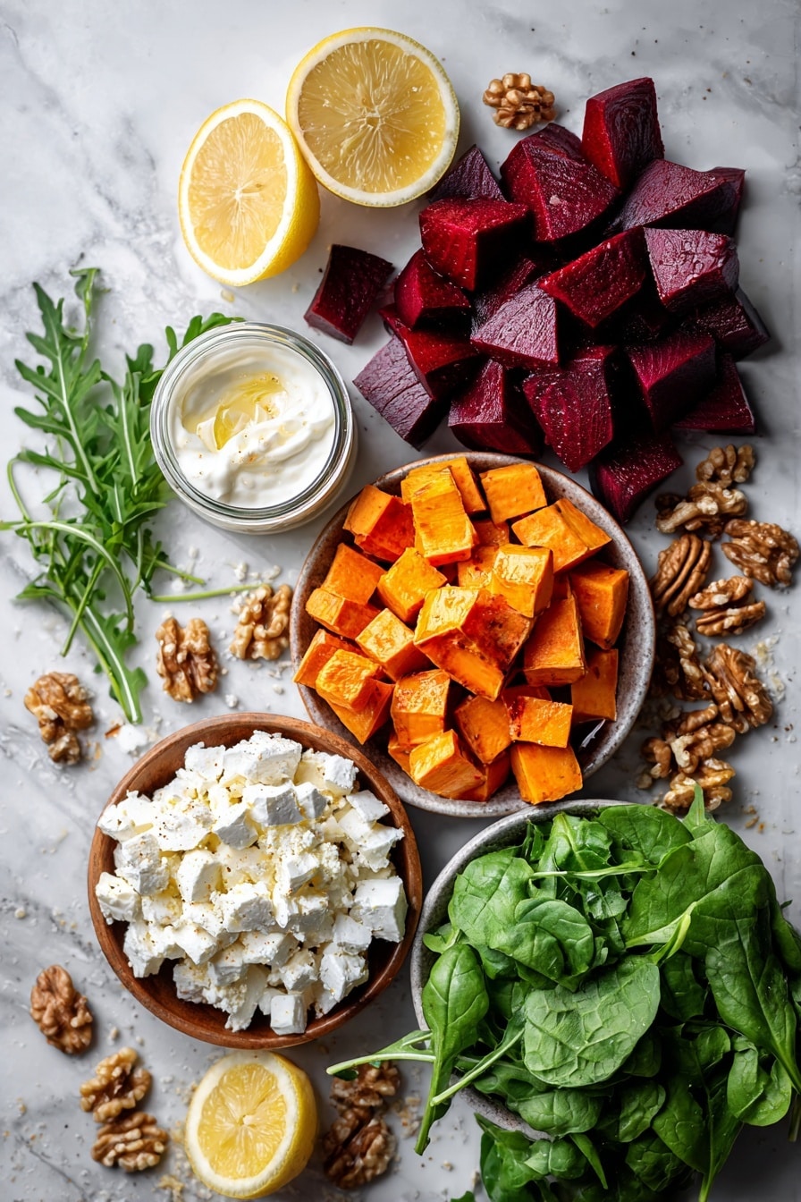 Creamy Roasted Beet Salad with Sweet Potato & Feta, roasted beet salad, healthy beet salad, vegetarian beet salad, easy roasted veggie salad - Flat lay of peeled and diced deep red beets, bright orange peeled and diced sweet potatoes, crumbled white feta cheese, fresh green baby spinach leaves, golden toasted walnuts, a small jar of creamy white Greek yogurt, a lemon wedge, and a drizzle of honey artfully arranged with a sprig of fresh arugula, placed on a white marble surface, photo taken with an iphone --ar 2:3 --v 7