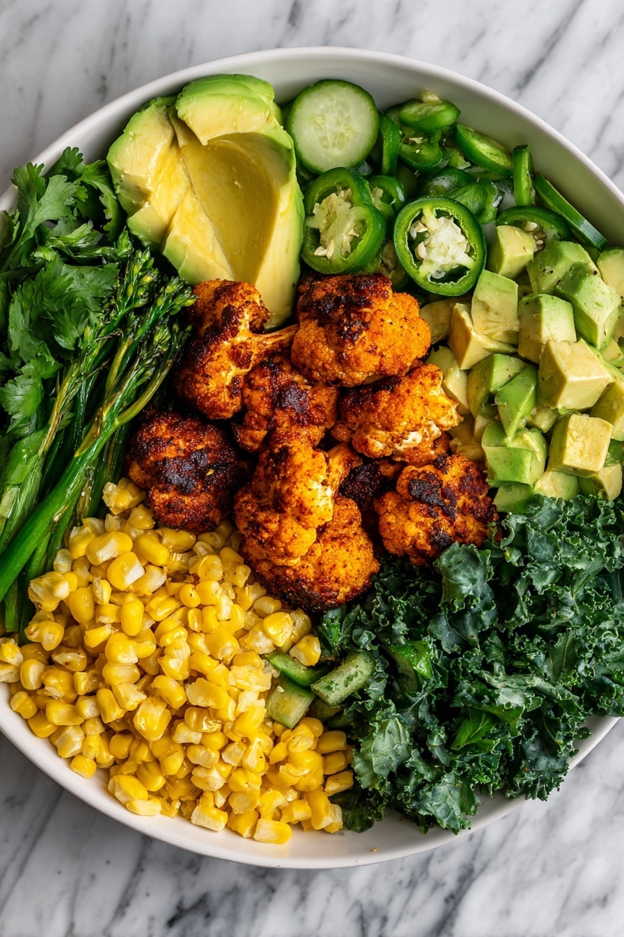 Roasted Cauliflower Green Goddess Salad, roasted cauliflower salad, green goddess dressing recipe, healthy savory salad, colorful roasted vegetable salad - Flat lay of roasted blackened cauliflower florets with a rich coating of smoked paprika and maple syrup, bright yellow sweet corn kernels, fresh green broccolini stalks, vibrant dark green kale leaves roughly chopped, sliced crisp cucumber, chopped green jalapeños, creamy chopped Haas avocado chunks, all arranged artfully in a mix of textures and colors, placed on a white marble surface, photo taken with an iphone --ar 2:3 --v 7