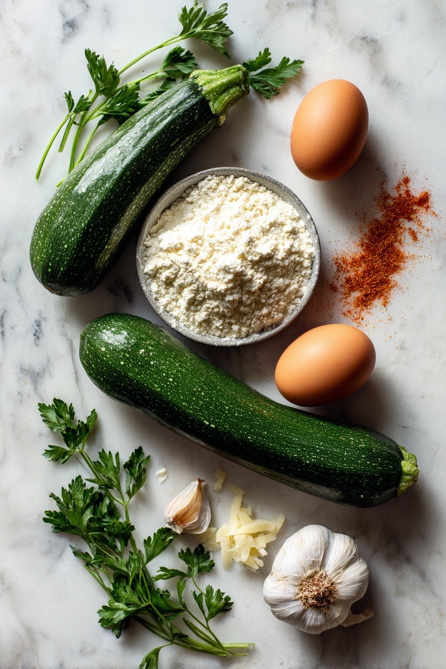 Crispy and Easy Zucchini Fritters, zucchini fritters recipe, how to make zucchini fritters, quick zucchini fritters, vegetable fritters recipe - Flat lay of two medium zucchinis, one large egg, a small mound of gluten-free flour, a few cloves of minced garlic, a sprinkle of grated Parmesan cheese, sprigs of fresh parsley, and a scattering of paprika powder, all beautifully arranged, placed on a white marble surface, photo taken with an iphone --ar 2:3 --v 7